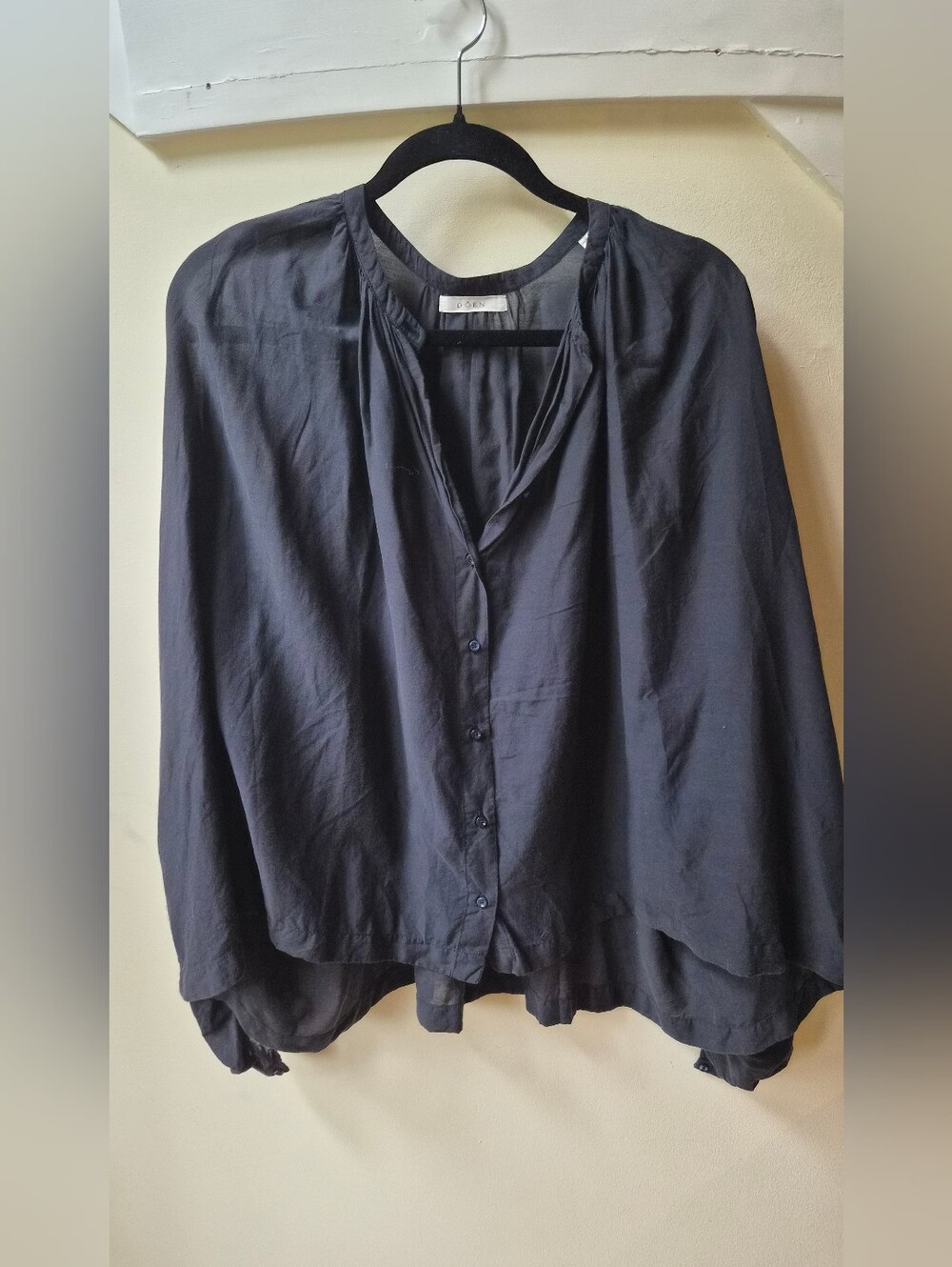 DÔEN Navy Button Front Blouse Balloon Sleeve Organic Cotton XXL